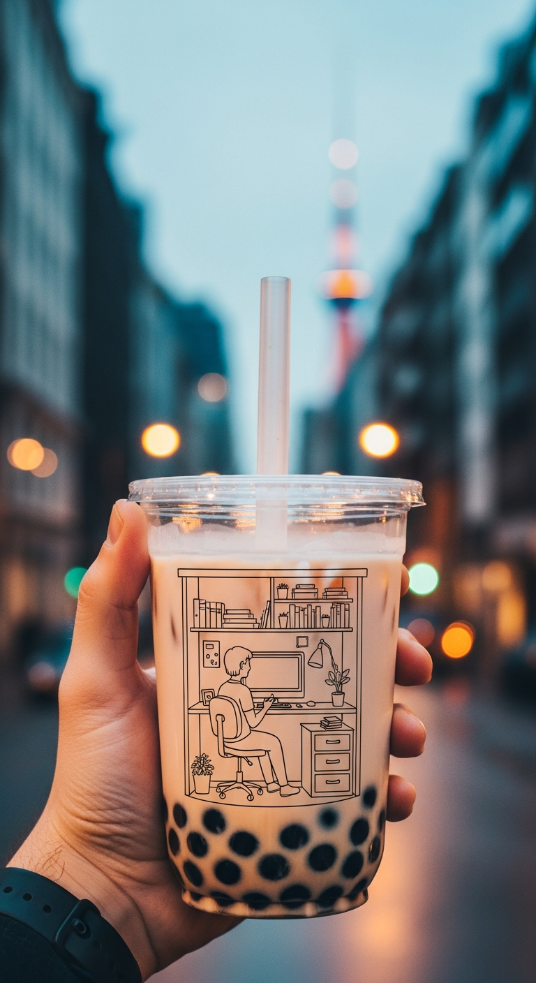 Mixed Media Concept Hand Holding Bubble Tea with Line Art Scene Inside - Free 4K mobile Wallpaper