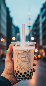 Mixed Media Concept Hand Holding Bubble Tea with Line Art Scene Inside