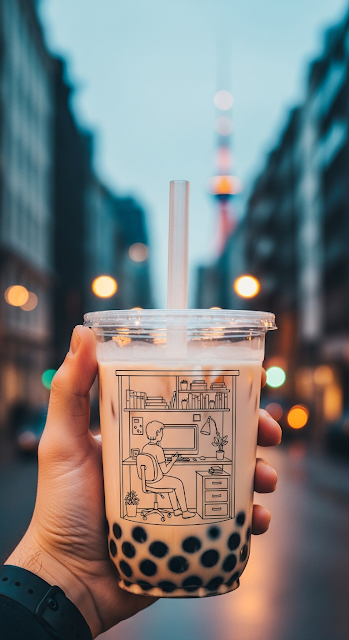 Mixed Media Concept Hand Holding Bubble Tea with Line Art Scene Inside - Free mobile Wallpaper