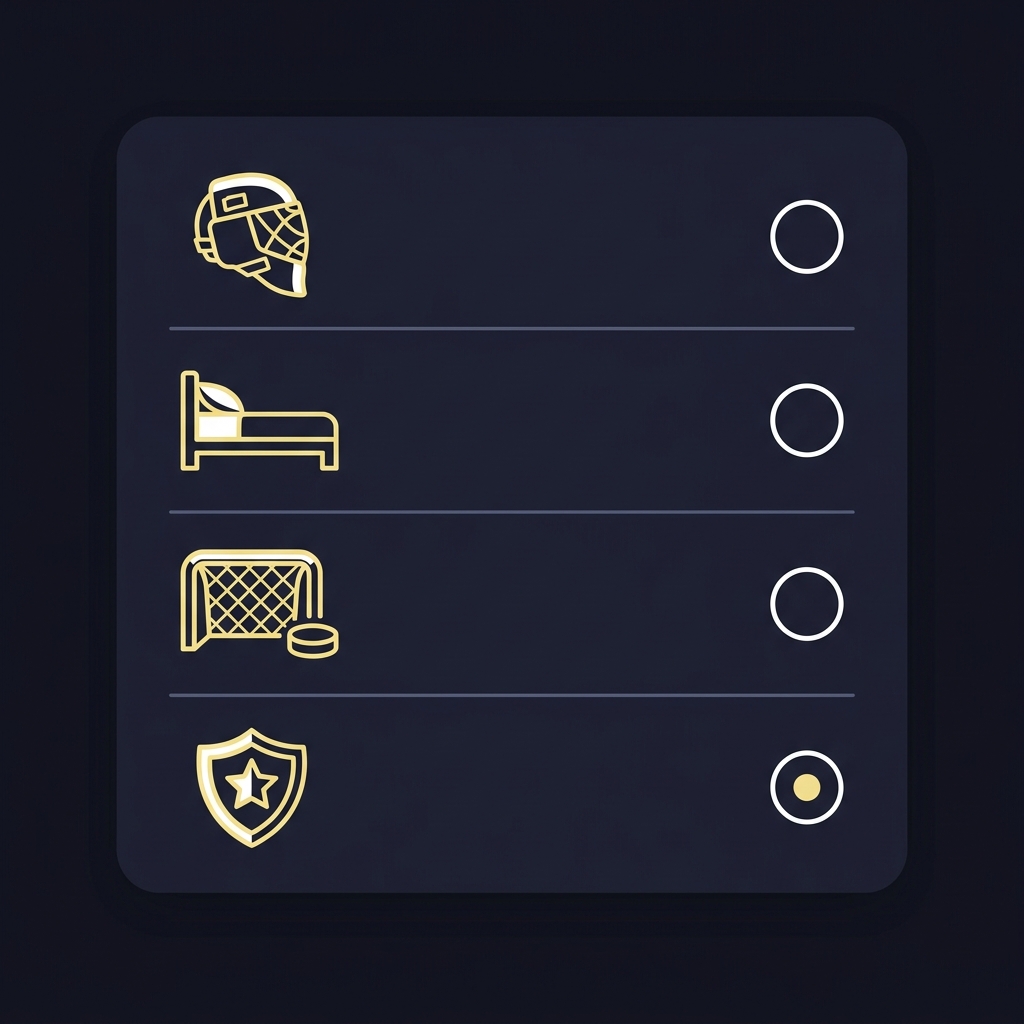 Minimal 2D vector checklist for puck line betting showing four icon check items goalie mask bed empty net and special teams star on dark Funded Plays brand background colors