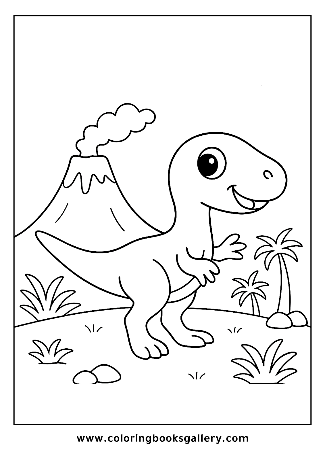 Coloring Fun with Cartoon Mononykus Under the Volcano Sky for Toddlers – free coloring page for kids