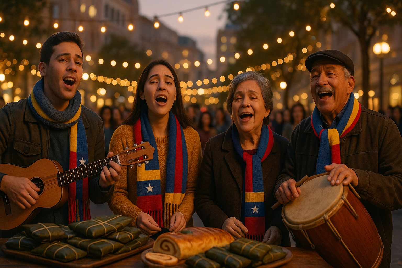 Grupo de venezolanos cantando gaitas navideñas en una plaza iluminada