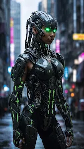 Cybernetic Woman with Glowing Green Eyes