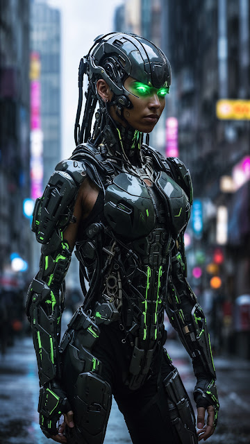 Cybernetic Woman with Glowing Green Eyes - Free mobile Wallpaper