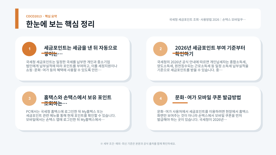 세금포인트 적립내역 확인부터 문화여가 할인쿠폰 발급과 사용 전 확인사항까지 설명하는 장면