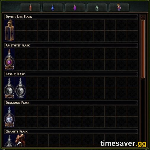 Path of Exile flask stash tab holding flasks to batch to 40% for a Glassblower's Bauble