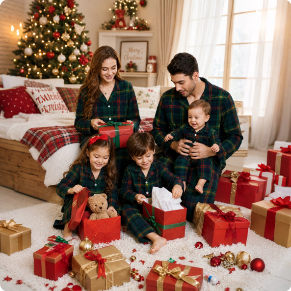 Family Pajama Set, checked, with shawl collar