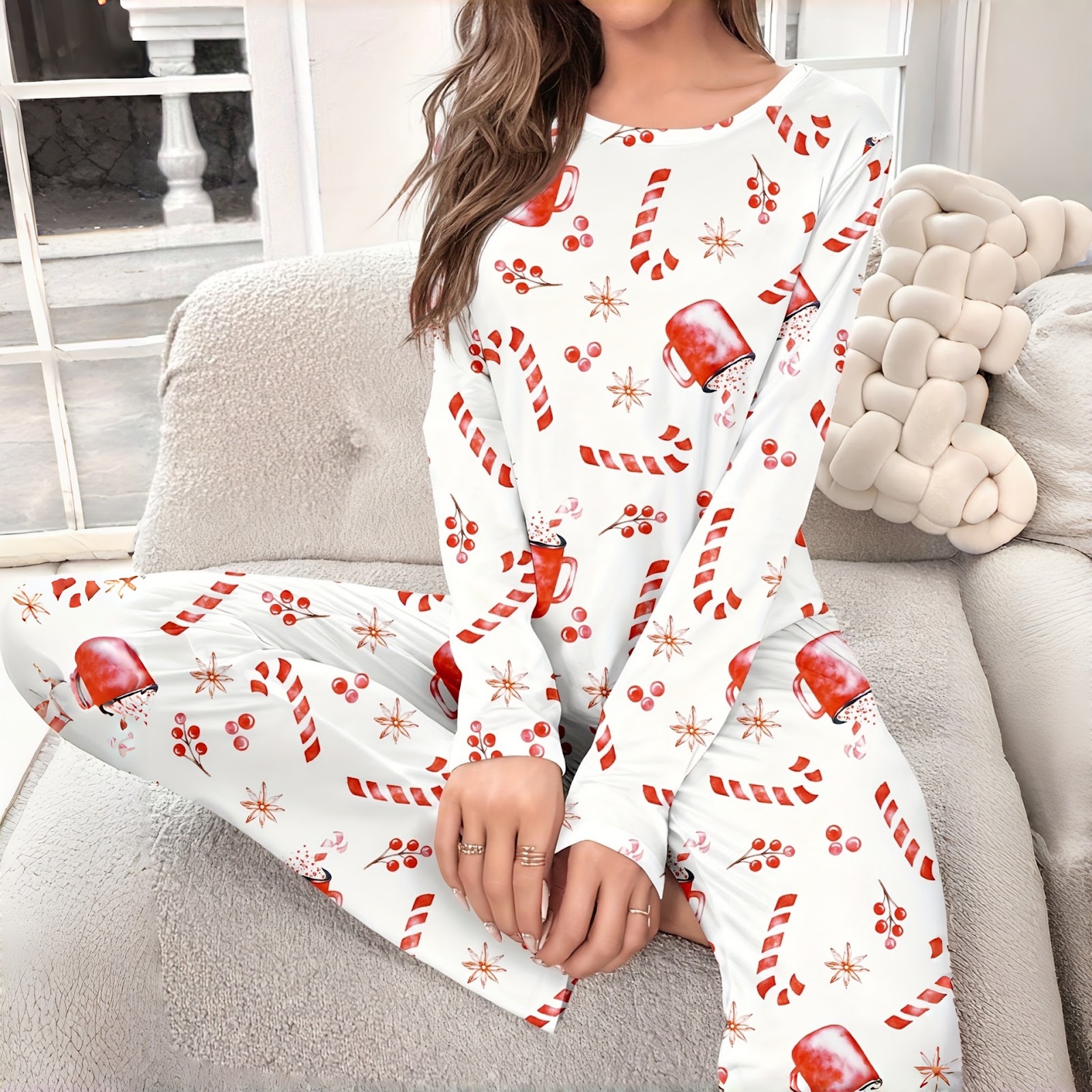 Women's Pajama Set, Long Sleeve, Christmas Motif, Round Neck