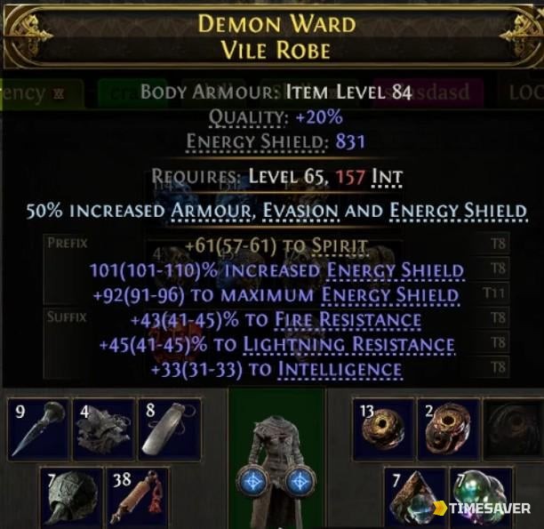 PoE2 mirror-tier rare body armour tooltip with multiple top-tier (T8/T11) affixes — the kind of perfect item players pay to mirror