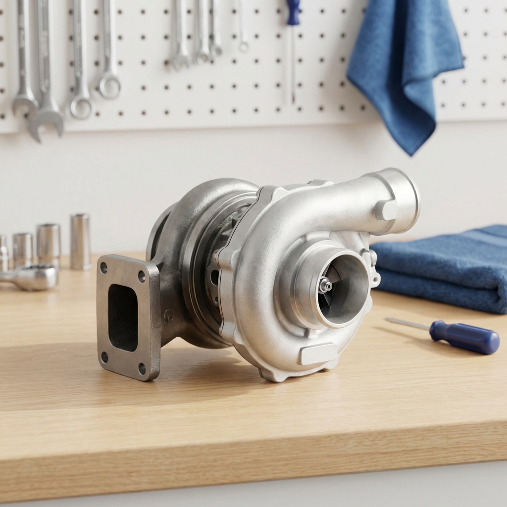 Close up high detail photo of a turbocharger on a repair bench with blurred mechanic tools and subtle CarFax Deals blue accents what kia engines to stay away from