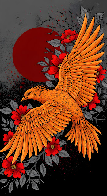 Fiery Orange Phoenix Bird Illustration Red Flowers Dark Sun - Free mobile Wallpaper