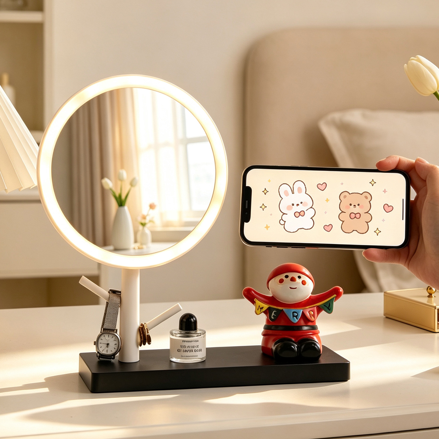 LED Makeup Mirror with Smartphone Stand