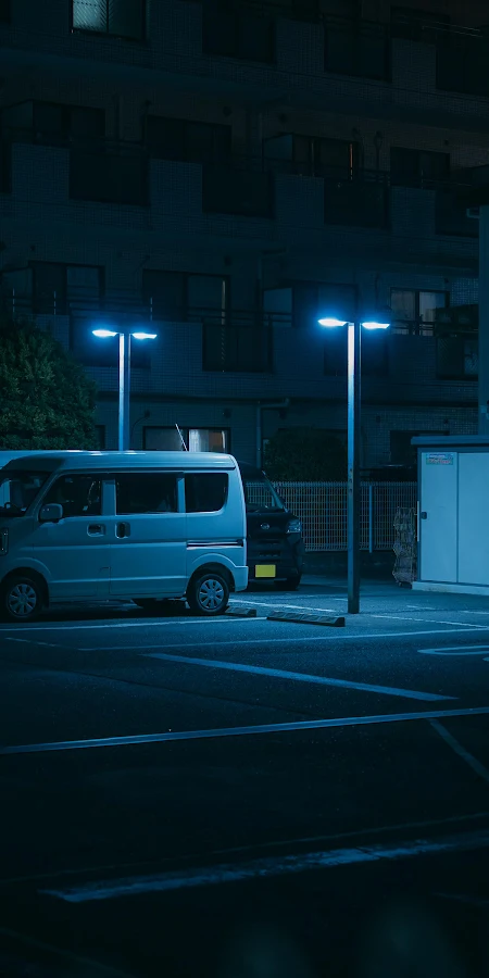 Night Van Under Blue Lights 2K iPhone Phone Wallpaper