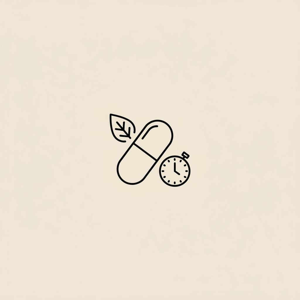 Minimalist Tonum-style line illustration of a capsule, small leaf and clock on beige background, symbolizing alpha-lipoic acid interactions and timing