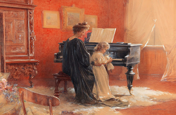 A Mother And Her Little Daughter At The Piano