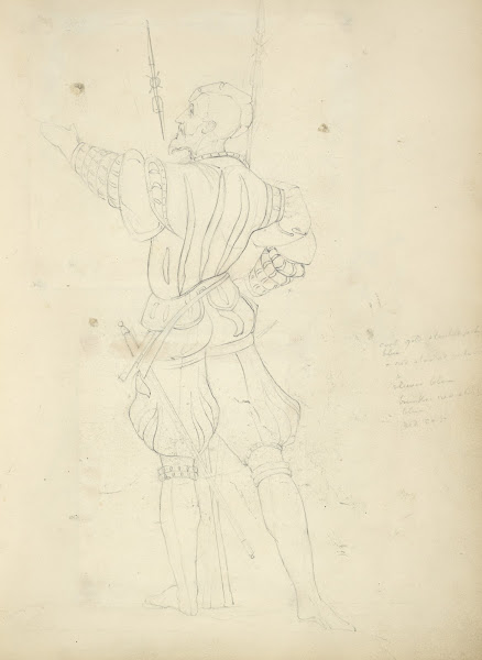 Man in breeches and doublet with sword viewed from the back 1840