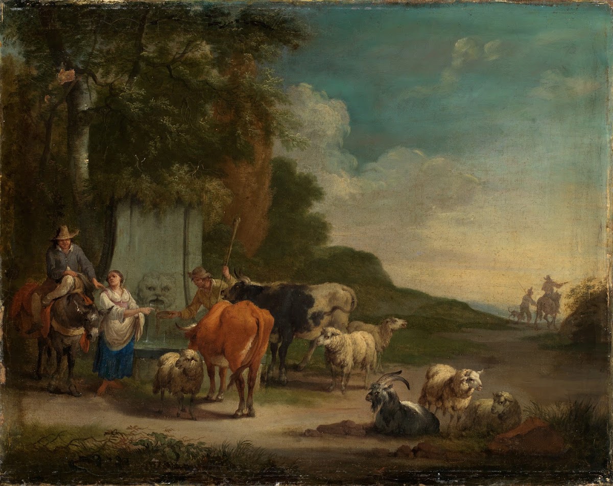 Landschaft mit Hirten und Herde am Brunnen