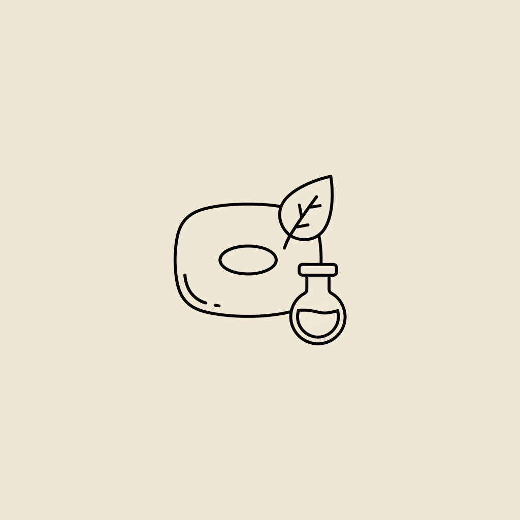 Minimalist Tonum-style line illustration of a stylized gummy, small leaf and lab vial on beige background representing weight loss gummies