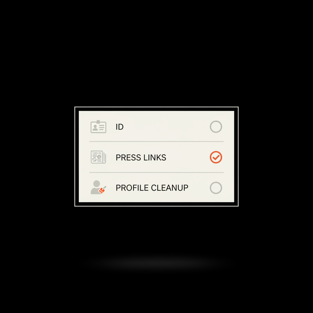 Minimal infographic checklist with ID, press links and profile cleanup icons for article how to qualify for a blue check, black background with Social Success Hub brand colors.