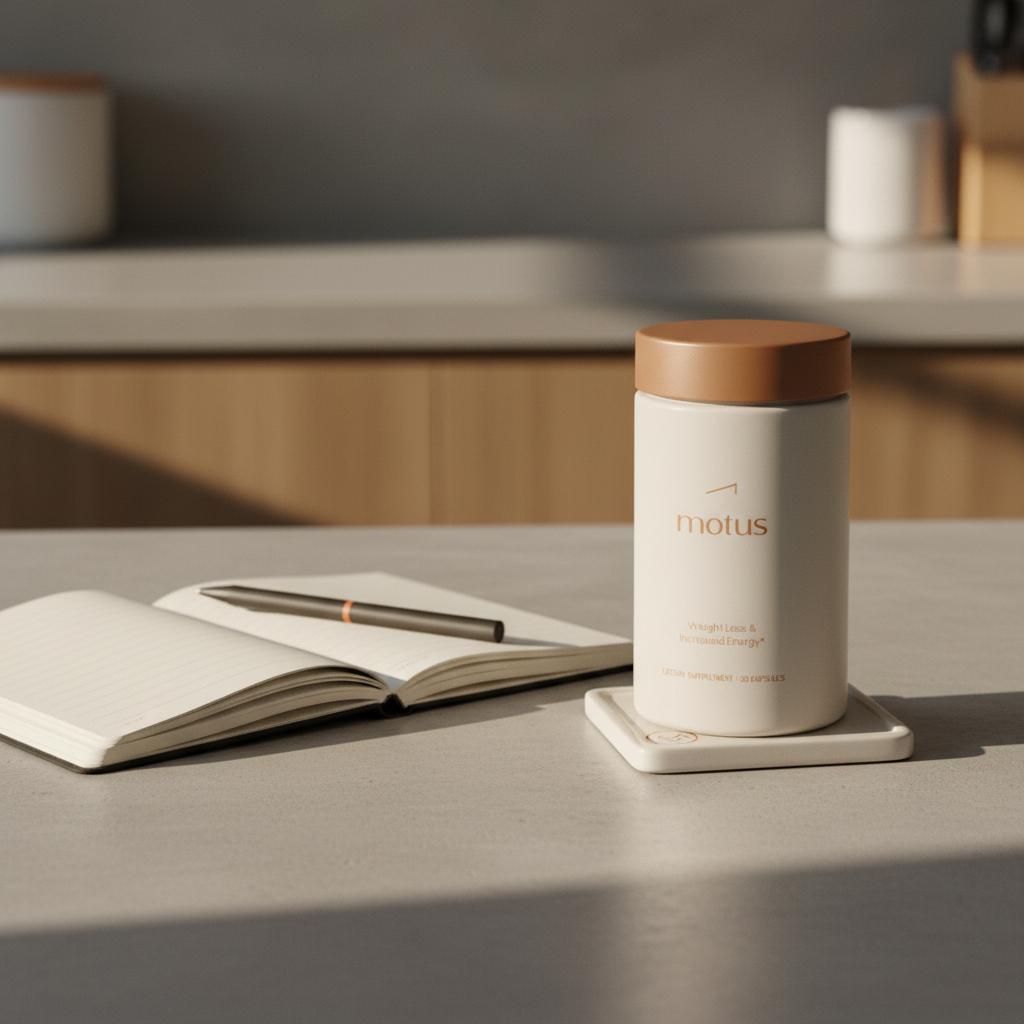 Motus supplement bottle on a minimalist kitchen counter next to an open notebook and pen, evoking routine and research-backed habits — over the counter equivalent to phentermine