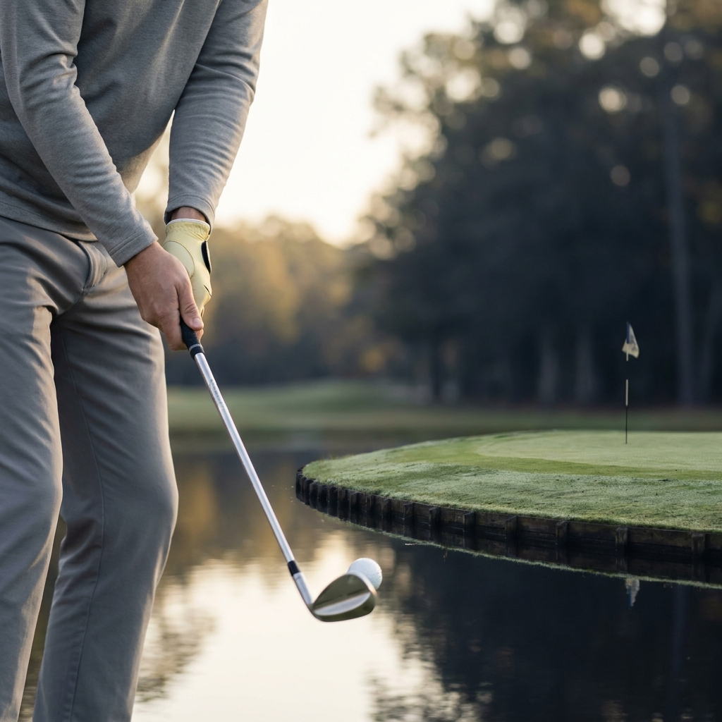 Close up of a golfer hitting a precise approach shot toward a narrow green with a visible water hazard minimal composition emphasizing precision over power american express odds