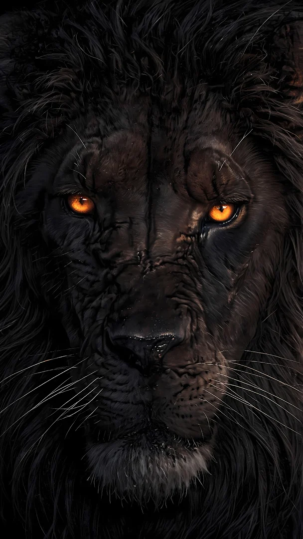 Fierce Black Lion Portrait with Glowing Orange Eyes