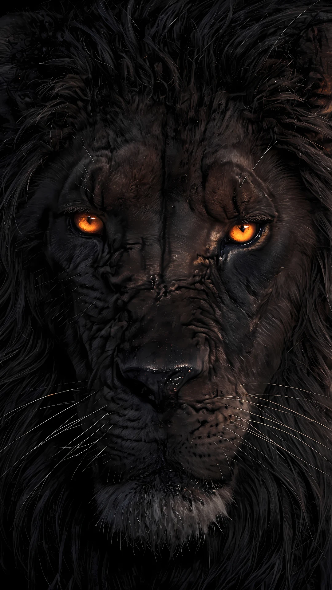 Fierce Black Lion Portrait with Glowing Orange Eyes - Free 4K mobile Wallpaper