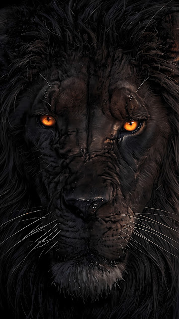 Fierce Black Lion Portrait with Glowing Orange Eyes - Free mobile Wallpaper