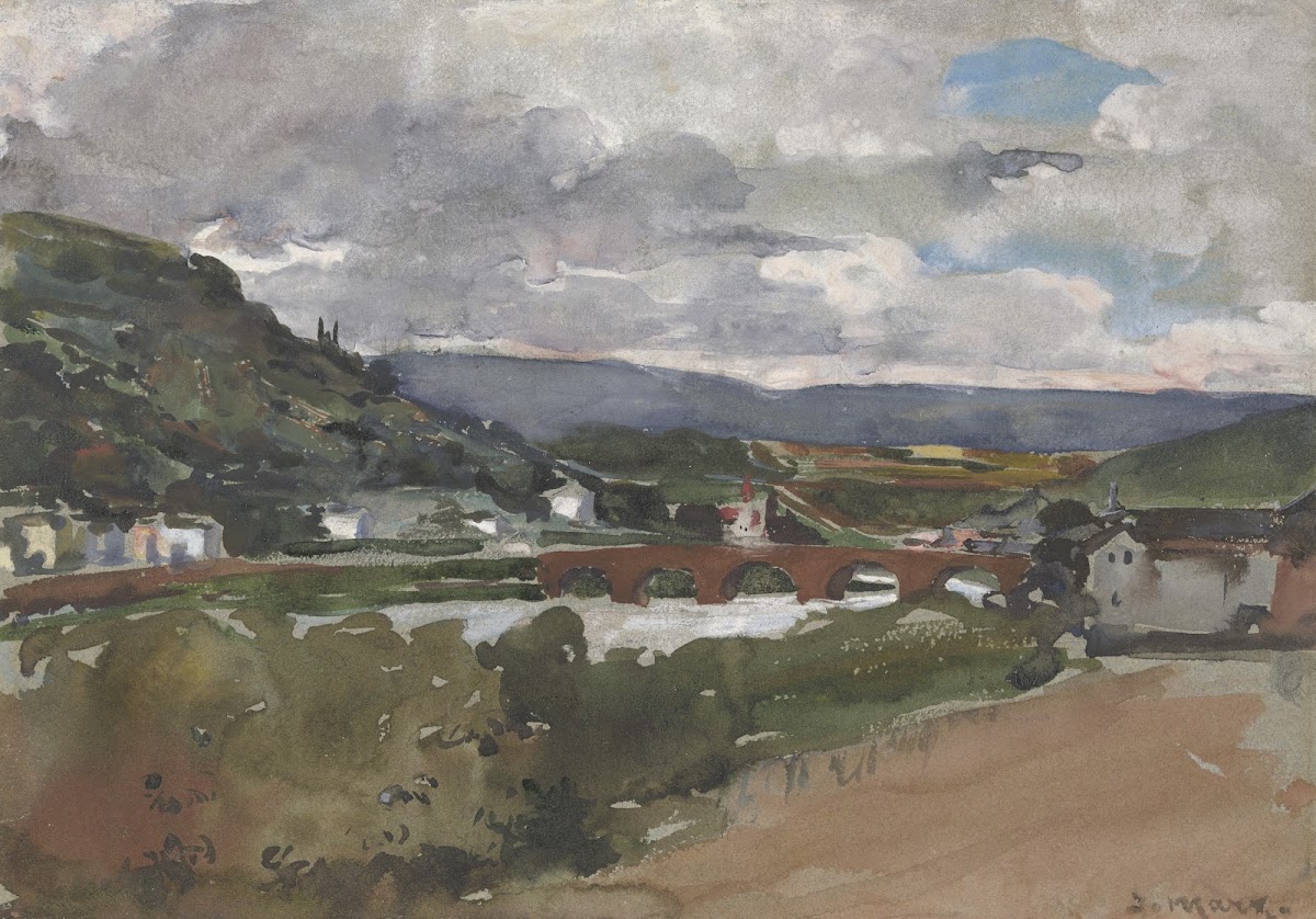 Flußlandschaft mit Brücke