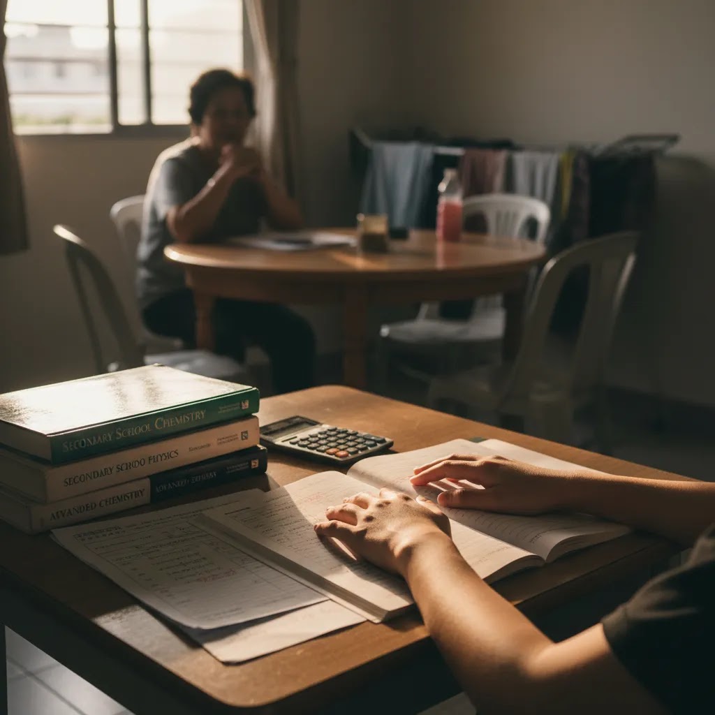 Stress in Singapore from school pressure and family expectations shown in a quiet home study scene
