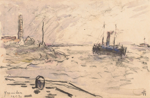 Gezicht op de kust van IJmuiden met vuurtoren en schip 1902