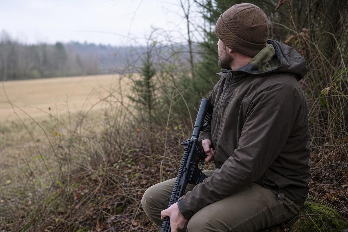 Coyote stand setup with cover visibility and safe shooting lanes