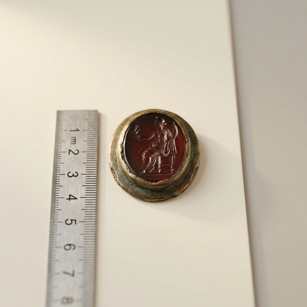 High resolution close up of an intaglio bezel of a roman bronze ring with a measurement scale for size comparison on a warm cream background