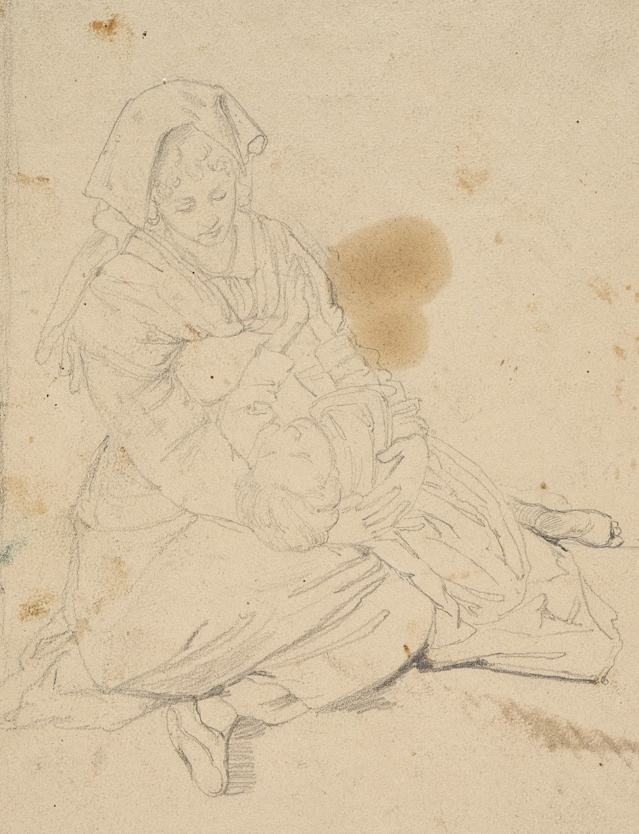 Kneeling Italian woman holding a praying girl before 1834