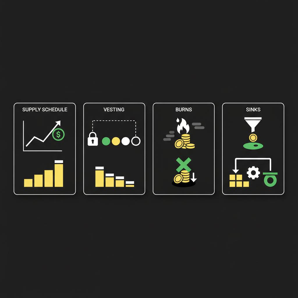 Minimal 2D vector tokenomics infographic showing supply schedule vesting burns and sinks in Finance Police brand colors best coin to invest
