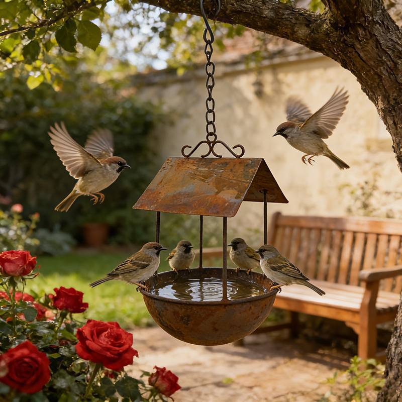 Hanging iron birdhouse in rust look