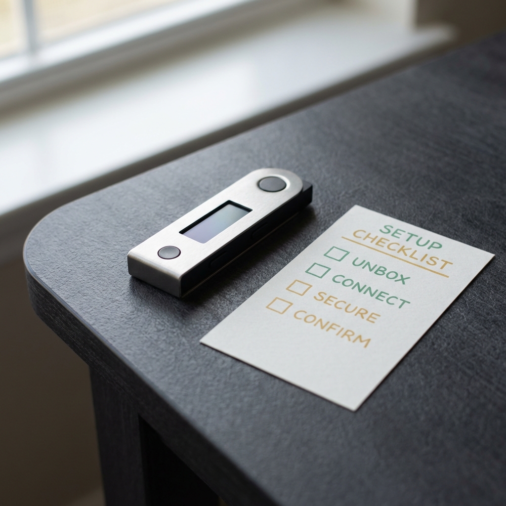 Close up of a hardware wallet on a dark textured tabletop with a hand drawn checklist beside it featuring subtle green and gold brand accents and a crypto security focus