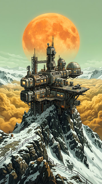 Sci-Fi Research Station on Snowy Peak with Large Orange Sun - Free mobile Wallpaper