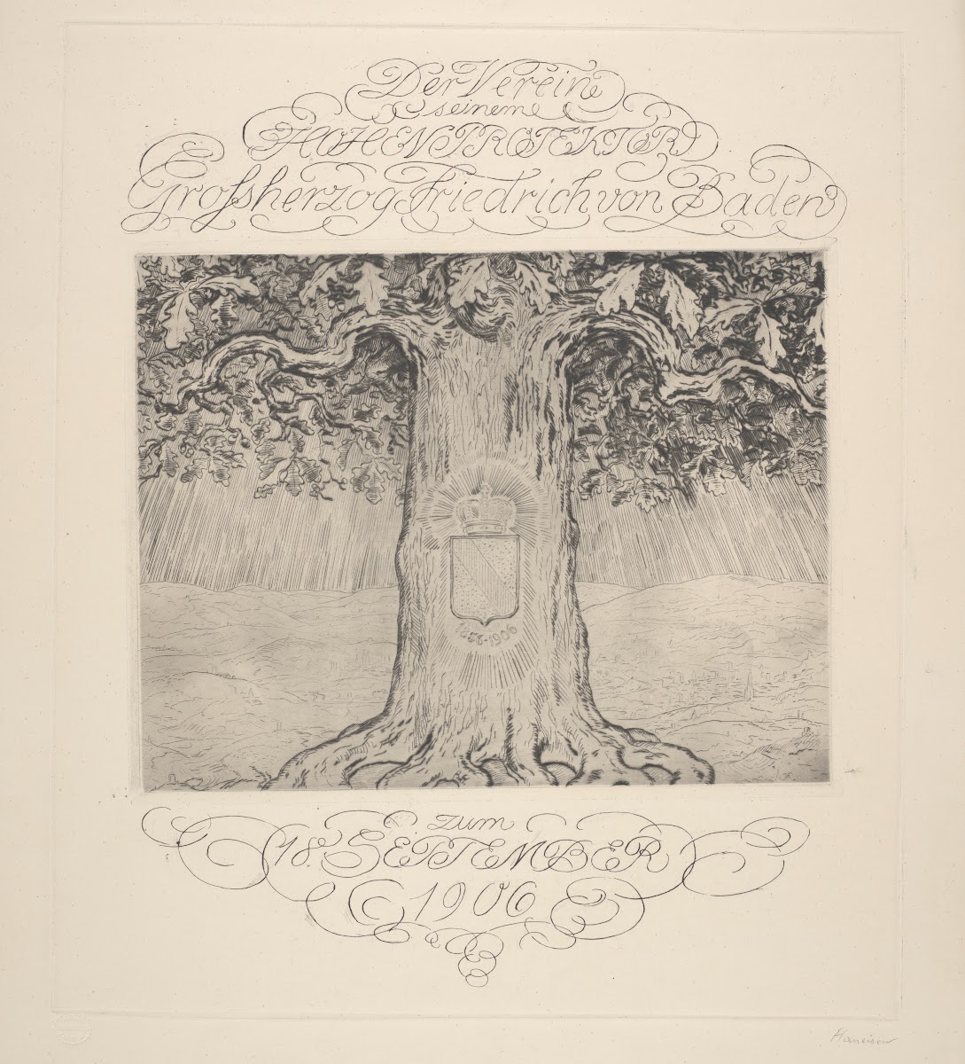 Dedication card for the Grand Duke of Baden Frederick I of Baden with an image o