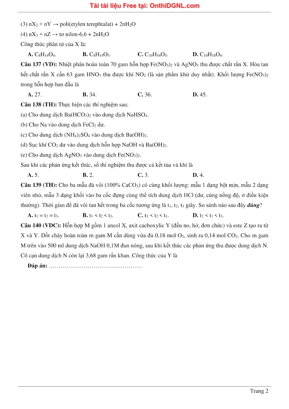 260 bài tập môn Hóa học - Ôn thi ĐGNL ĐHQG Hà Nội Phần 9
