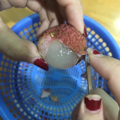 Lột vỏ trái vải, bỏ hột. Để phần thịt vải sang rổ để cho ráo nước. Đừng lấy lại nước vải khi lột ra vì phần nước đó có hơi ngọt gắt.