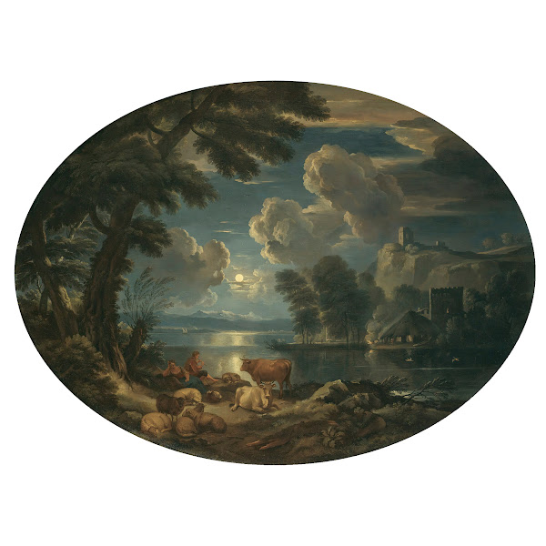 A Moonlit Scene With A Shepherd And Shepherdess Resting With Their Herd Beside A