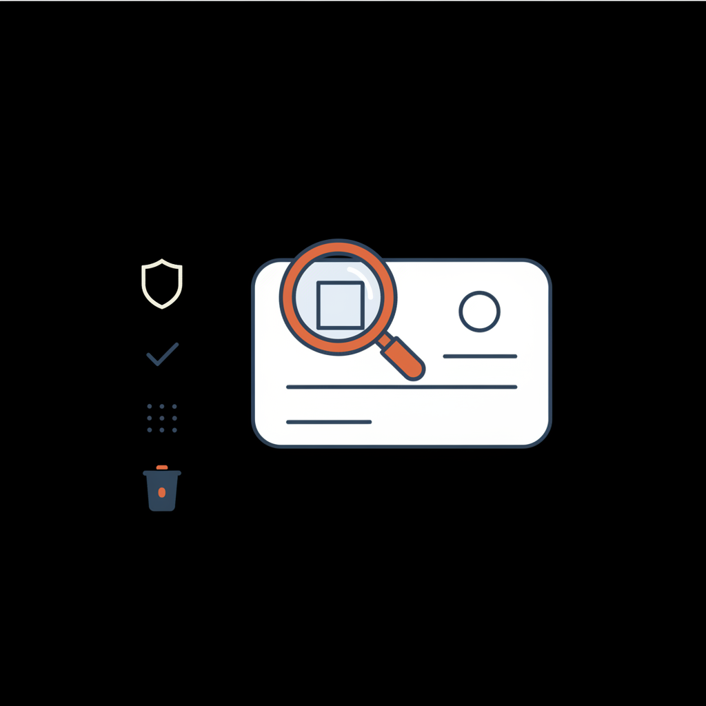 Minimalist 2D vector of a magnifying glass over a review card with subtle icons, illustrating pay someone to remove a review on a black background.