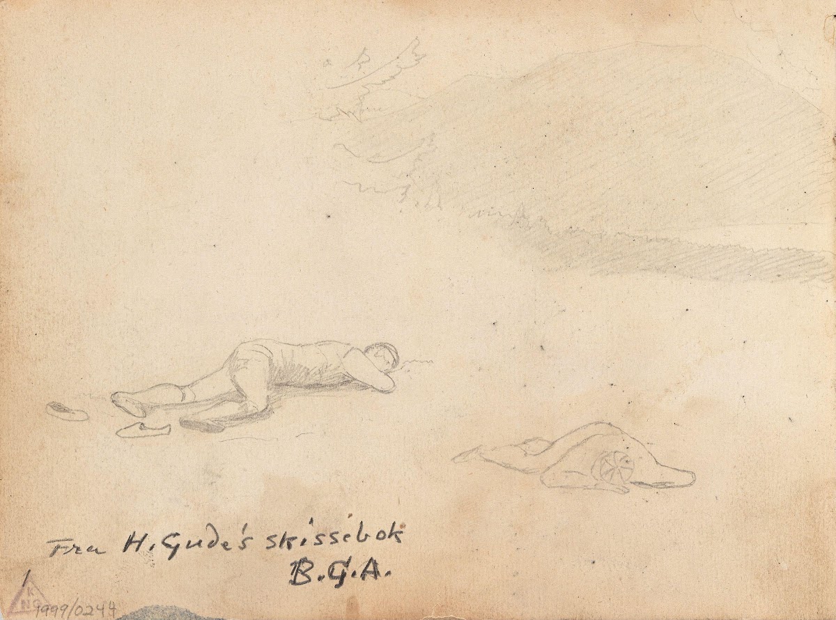 To liggende figurer to mannsfigurer i fjellet detalj 1843