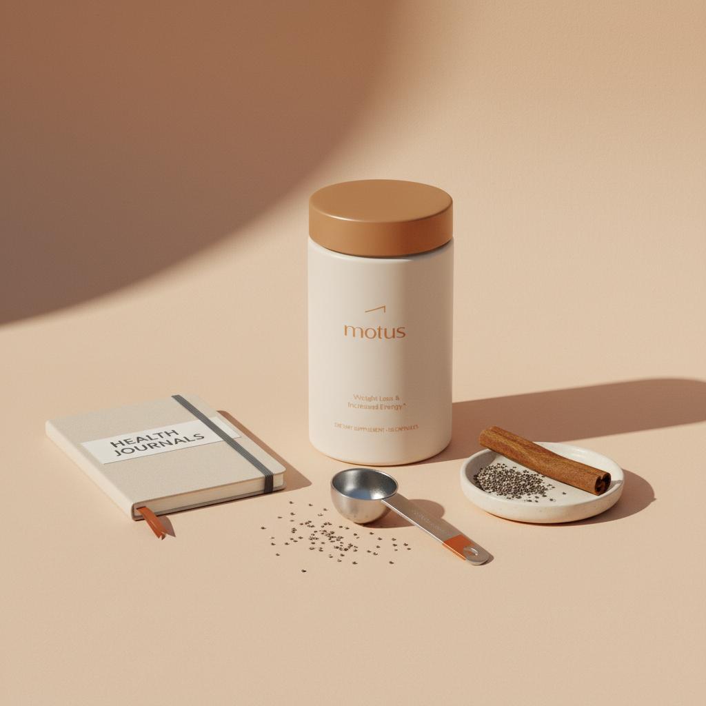 Minimalist still-life of Tonum Motus supplement bottle with scoop, notebook, and dish of plant-based ingredients on a #F2E5D5 background, highlighting creatine and fat loss.