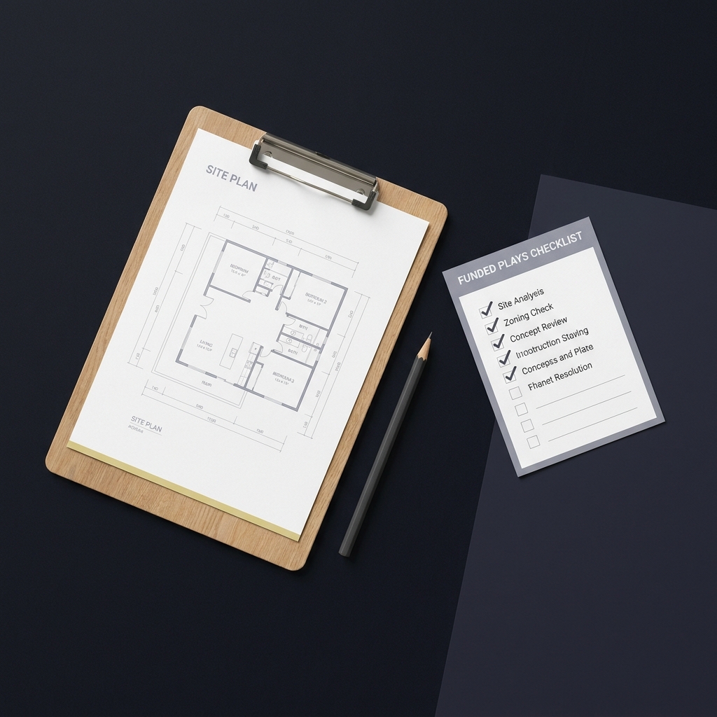 Building a Golf Tournament Research Checklist printed site plan on clipboard with pencil and ticked checklist items minimalist Funded Plays style dark background and clean layout