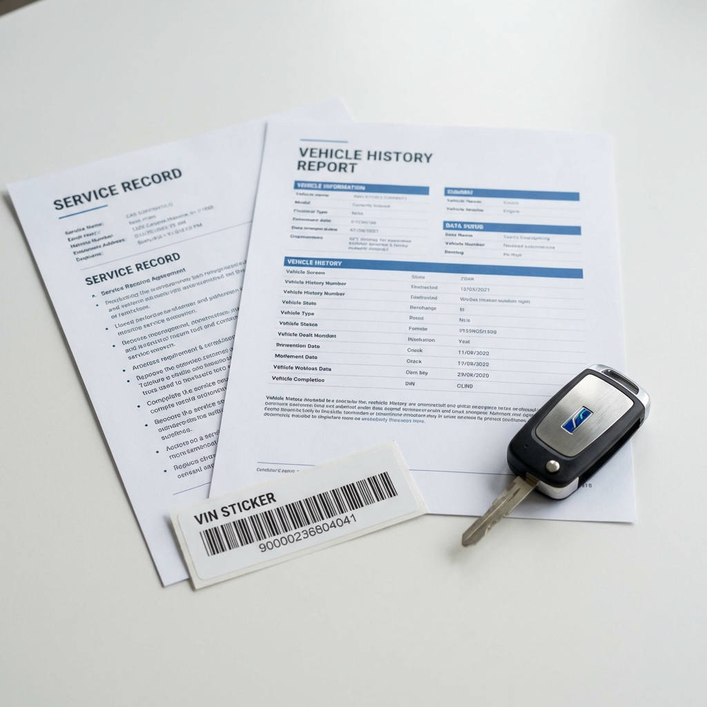 Close up of service record and vehicle history report on white table next to car keys and VIN sticker showing clear documentation for audi car dealership near me