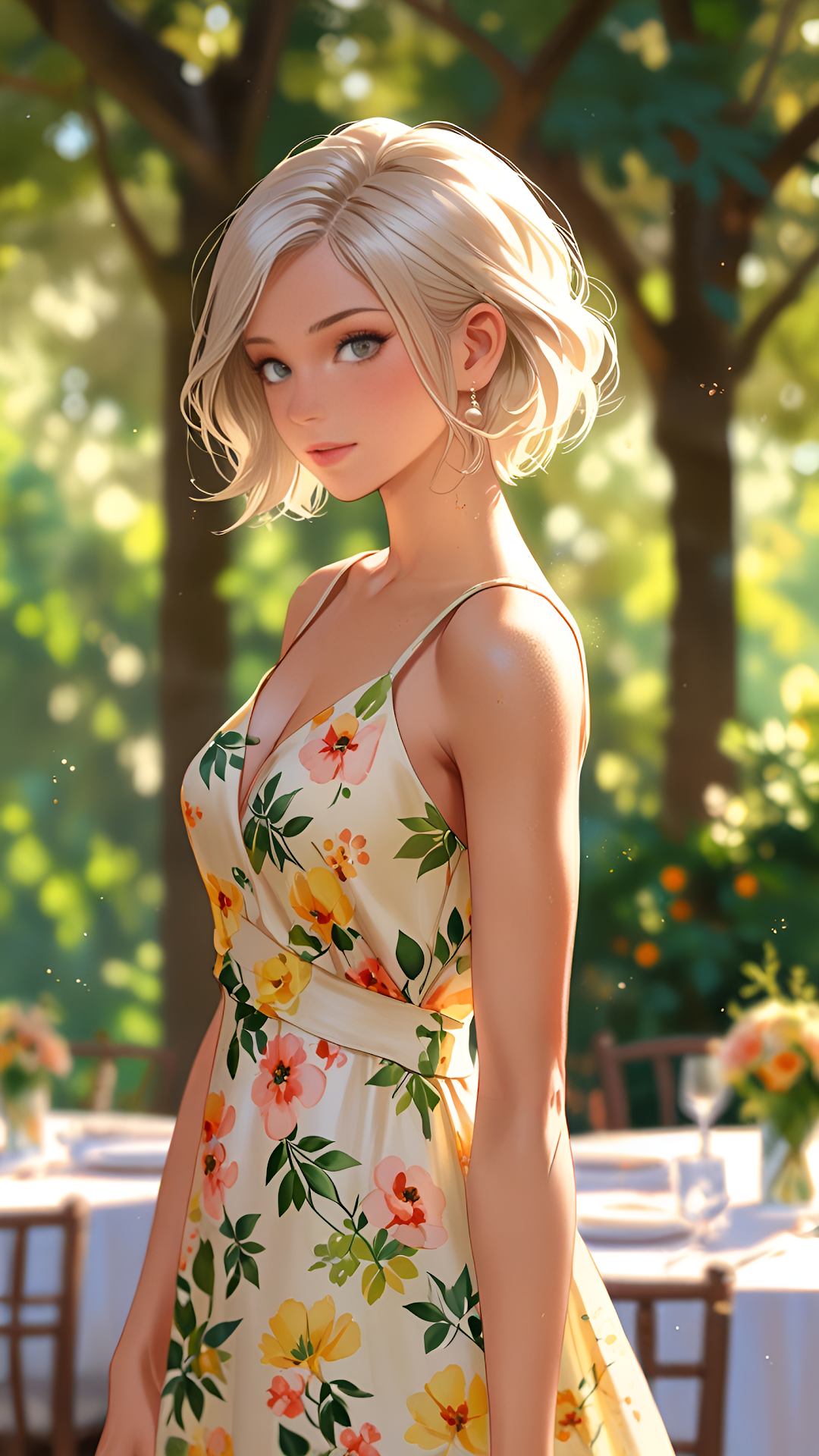 Blonde Woman in Floral Dress in Sunlit Garden - Free 4K mobile Wallpaper