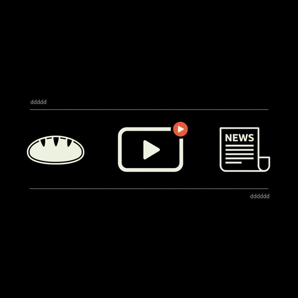 Minimal 2D vector infographic of a bakery: loaf, short-video and press-clip icons on full-bleed black background in #edf1e9 with #dc5c2b accents — get verified on Instagram