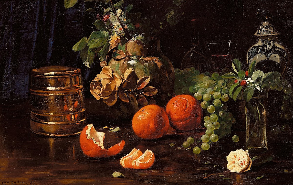 Opstilling med appelsiner druer blomster og forskellige krukker 1885